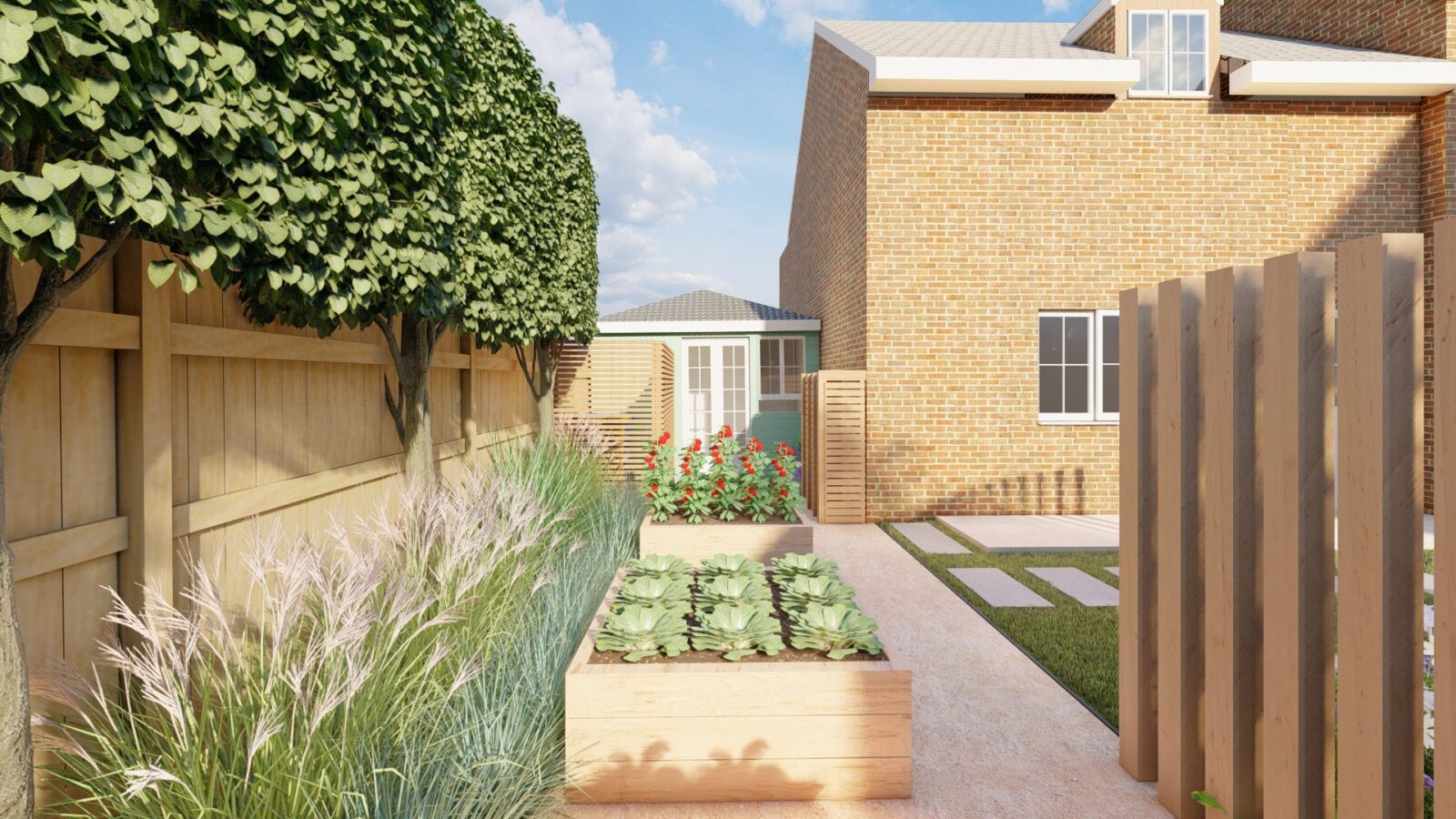 Traditional family garden with raised vegetable beds and pleached trees