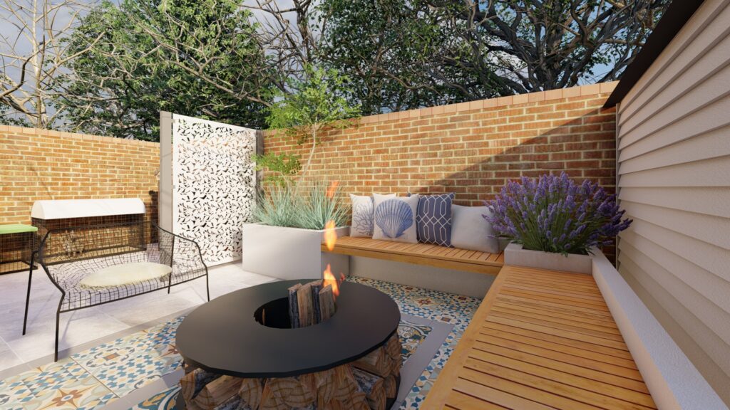 Small garden with a Mediterranean theme with exterior tiles, porcelain and lots of planting design by luxury garden design in Wandsworth London