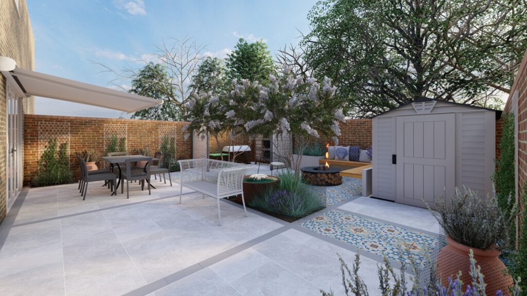 Small garden with a Mediterranean theme with exterior tiles, porcelain and lots of planting design by luxury garden design in Wandsworth London