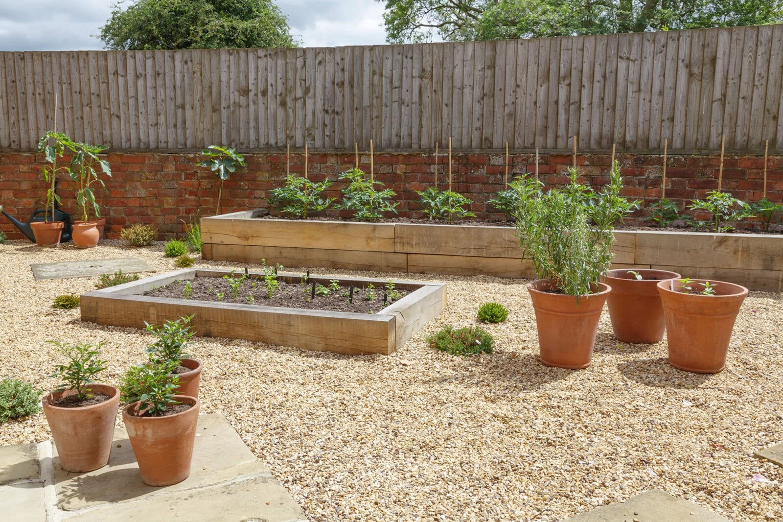 Oak raised vegetable garden in a gravel courtyard and brick wall