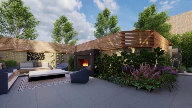 3d garden design picture of a contemporary garden in London with a large outside bespoke fireplace, a garden rug, and a Venetian fence. designed by luxury garden design