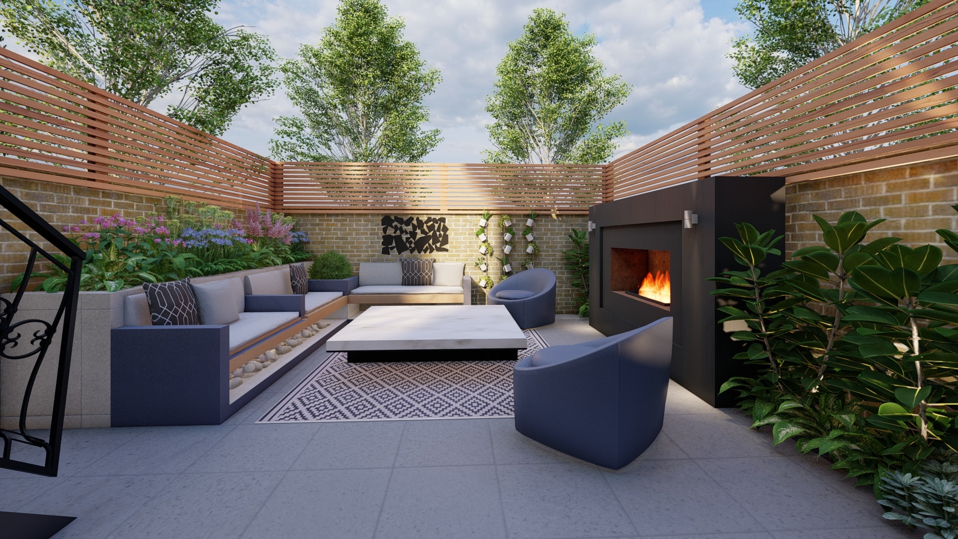 London courtyard garden design with fire place, bench and coffee table