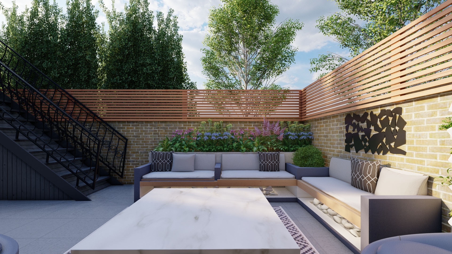 Beautiful small London courtyard garden design with Venetian fence, integrated bench and a large bespoke dining table