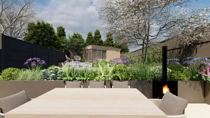 3D garden design only visual showing a table and chairs with a home office in a small garden