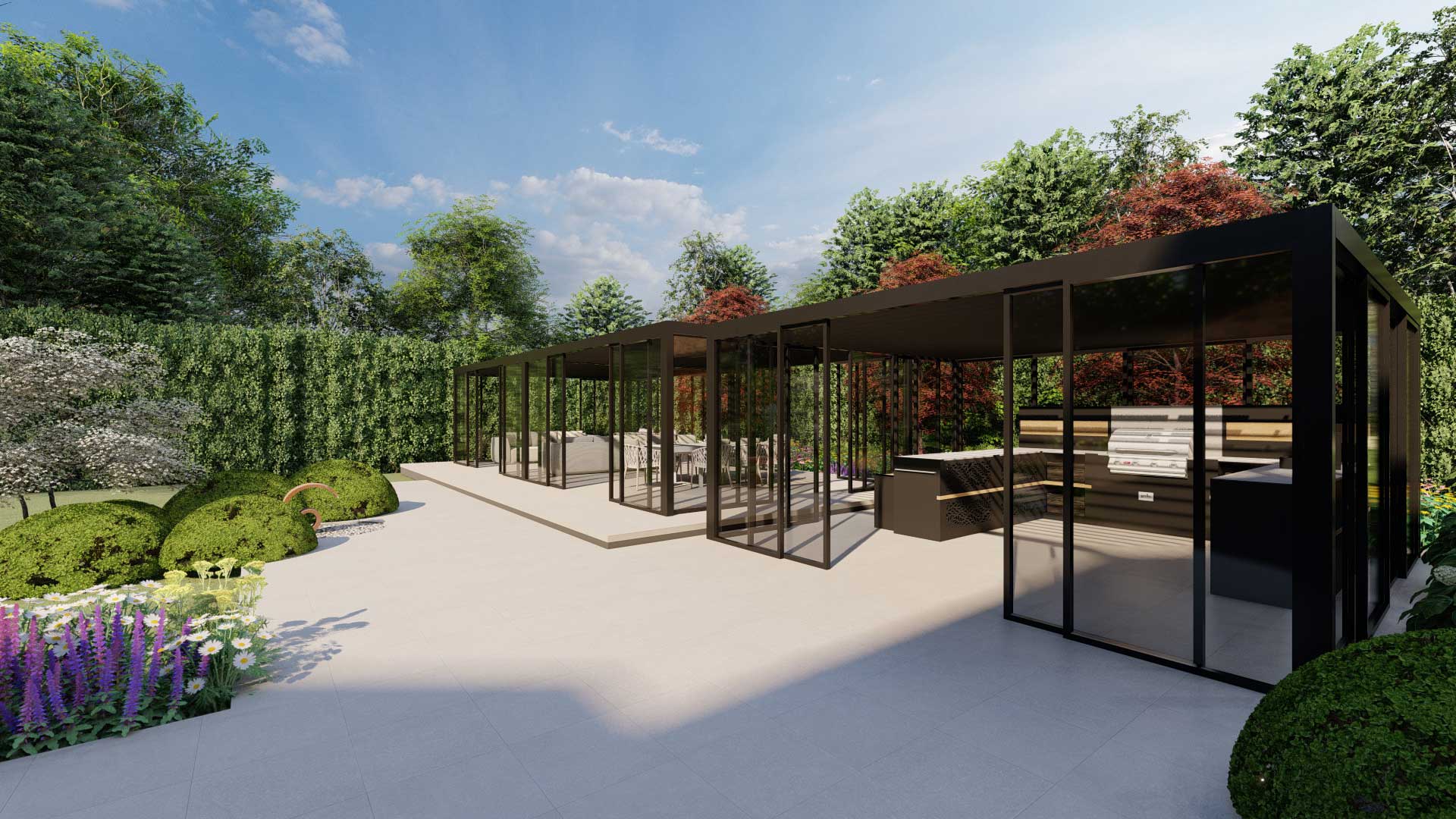 large entertaining garden with a bespoke pergola and lots of seating for guests