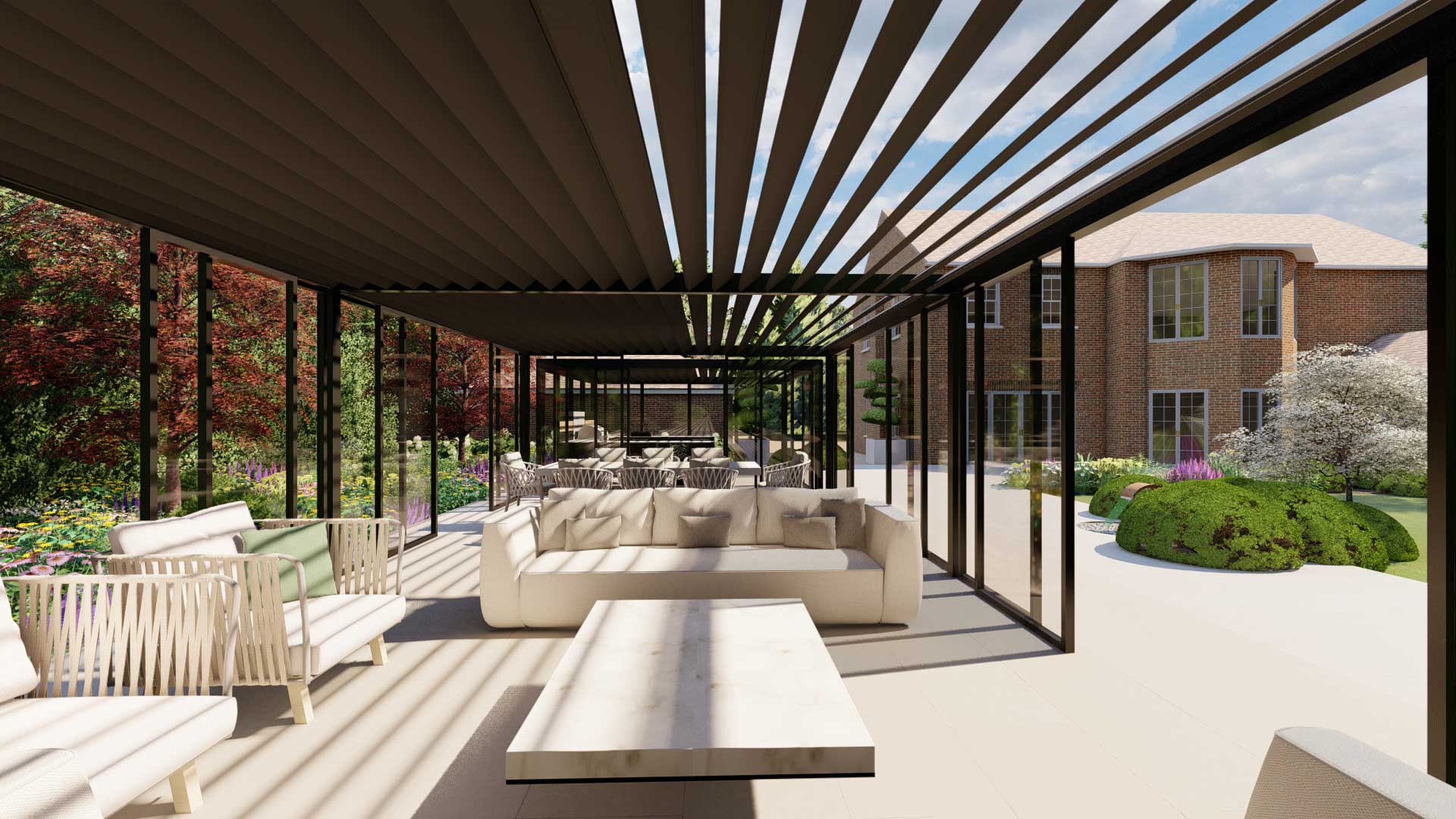 Inside, an aluminium garden pergola showing the roof and a large garden dining area