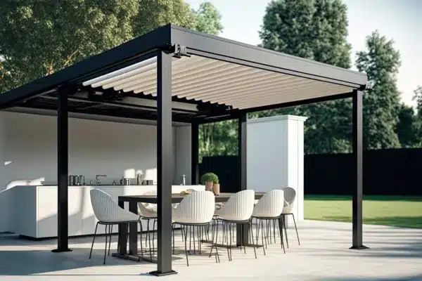 Contemporary garden dining area with a pergola and a beautiful white outside kitchen with a lovely dining table and modern outside chairs. 