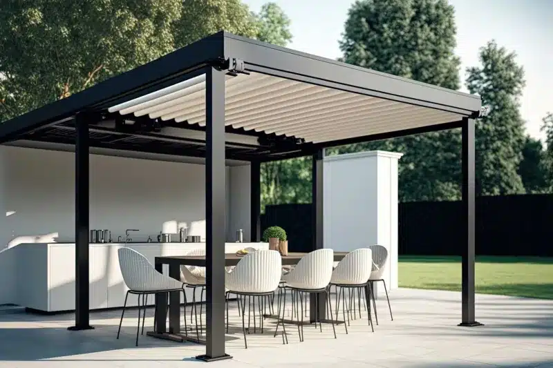Aluminium pergola in a modern garden with an outside kitchen, and a large table and chairs for dining alfresco. Contemporary garden in a large space that is designed by luxury garden design