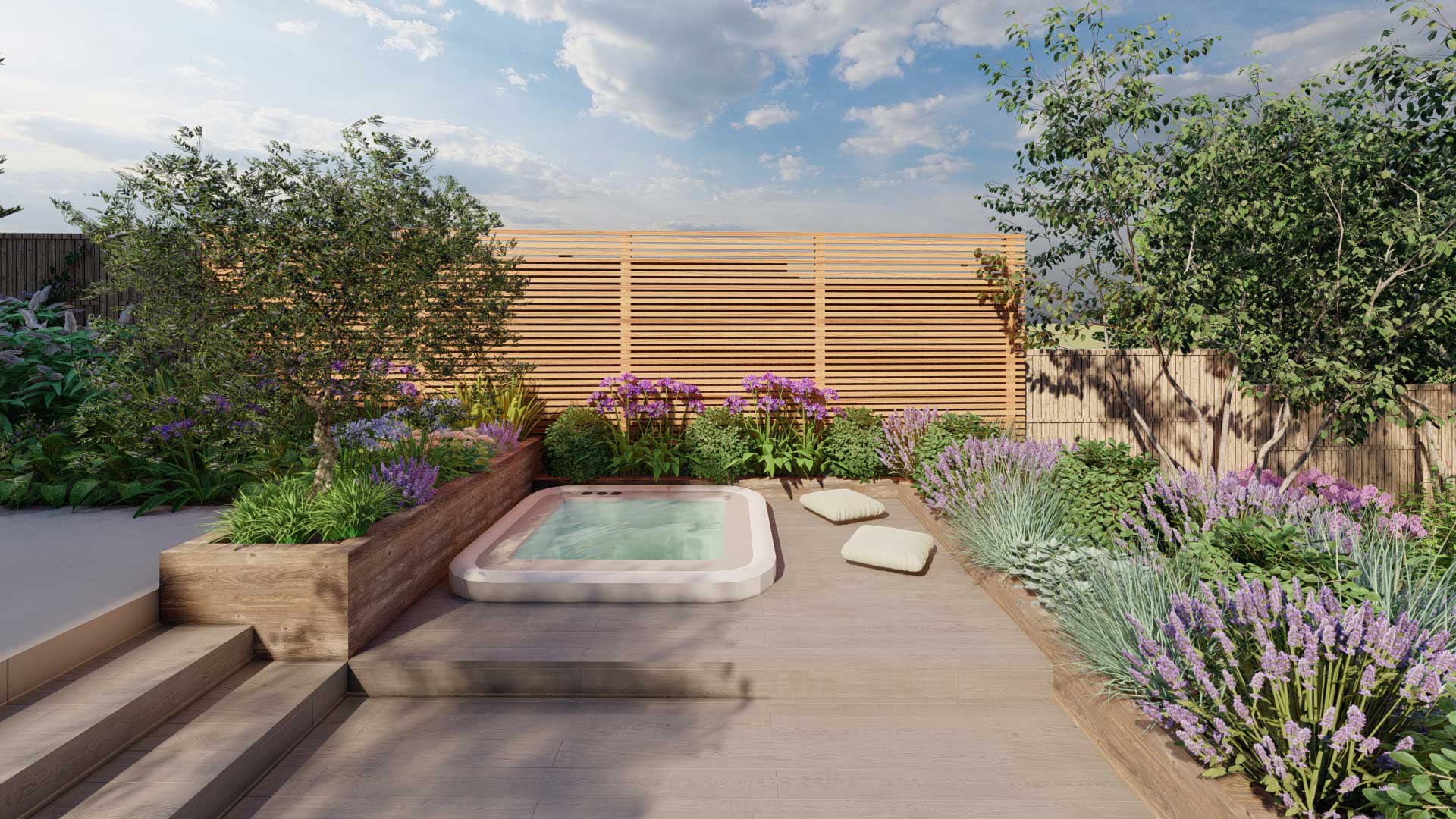 Garden design idea with a small hot tub that is sunk into a millboard decking and a venetian fence behind it for privacy
