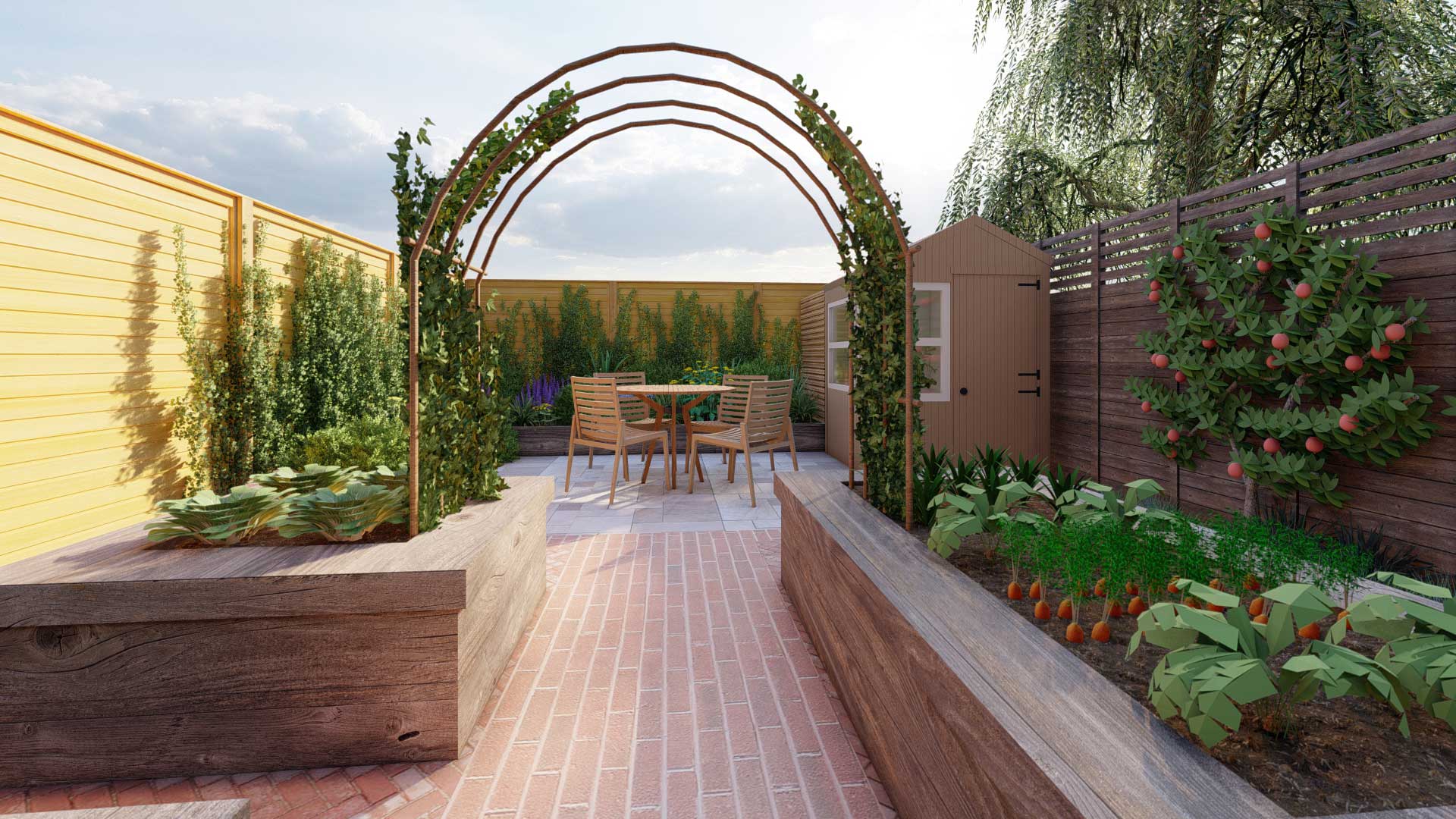 Oak raised vegetable bed garden design with hazel arches