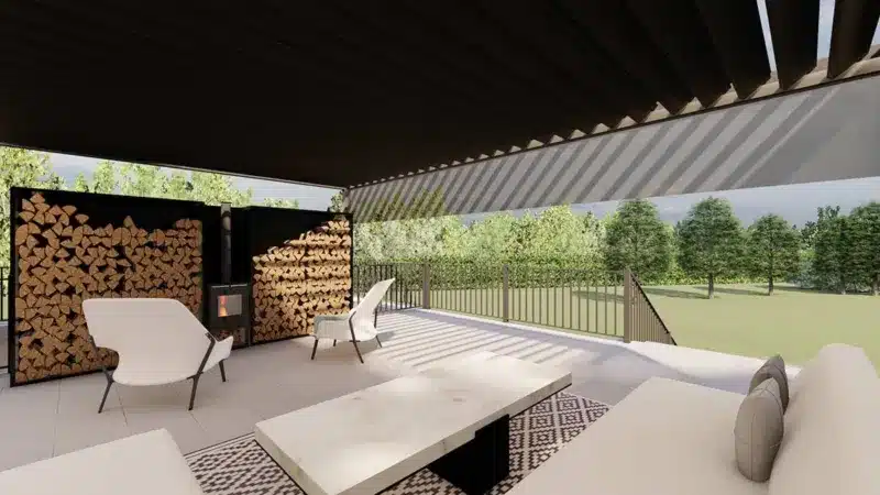 3d image of a garden design for a garden pergola with a fireplace and log stores with a table and chairs.