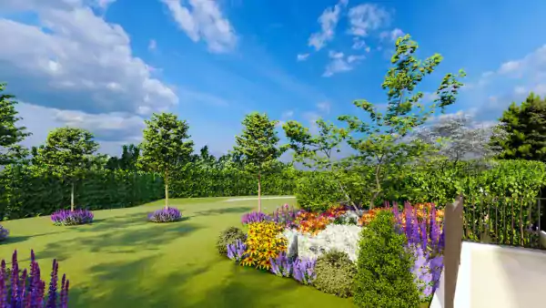 3d image of a garden design for a new planting border with lots of bright colours with trees and a blue sky