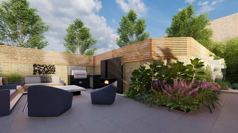 3d image of a garden outside space with a fireplace, outside kitchen and luxury garden furniture.