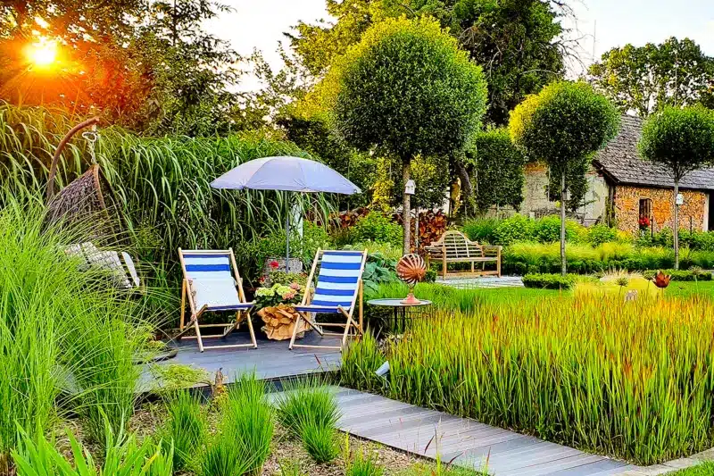 A large garden with the sun setting and some very nice garden deck chairs. There is a small decking pathway leading towards a lawn through rich green coloured garden plants. In the background there are some small topiary trees. 