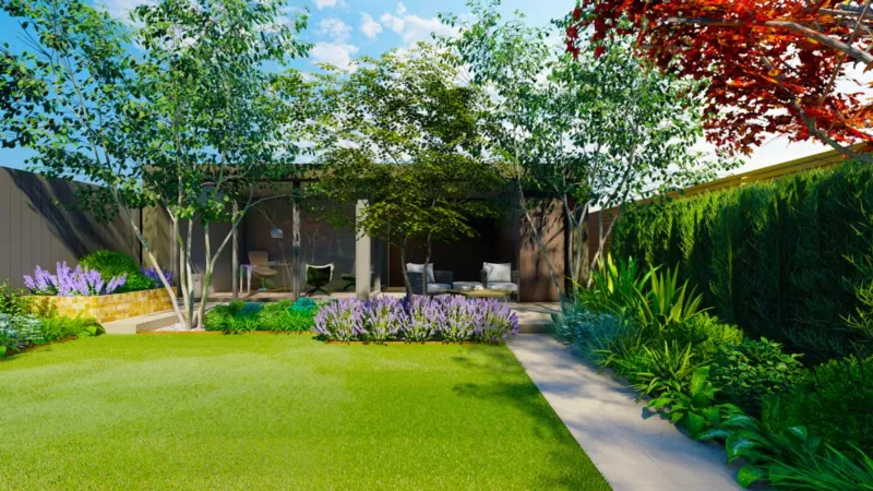 3D garden design image showing how the garden could look once completed. The picture shows a garden building at the end, with a pathway, small trees, with a medium-sized lawn. 