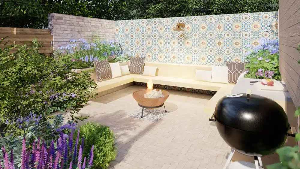 garden in 3D with a beautiful Mediterranean styled wall, built in floating bench and a fit pit in a small garden. designed by Luxury gardens