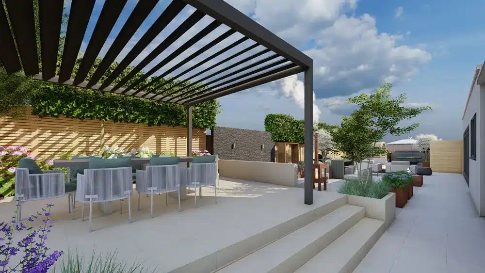 large entertaining garden with a aluminium garden pergola, a large table and chairs with porcelain tiles and steps leading up to a modern patio. 