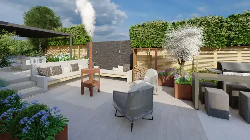 3d garden design of an entertaining garden with a fireplace, pergola, feature wall and a built-in floating bench. designed by Luxury Garden design