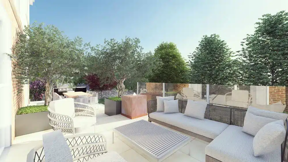 3D visual of a patio garden with glass balustrade and a corner sofa, coffee table, and two olive trees in aluminium planters. 