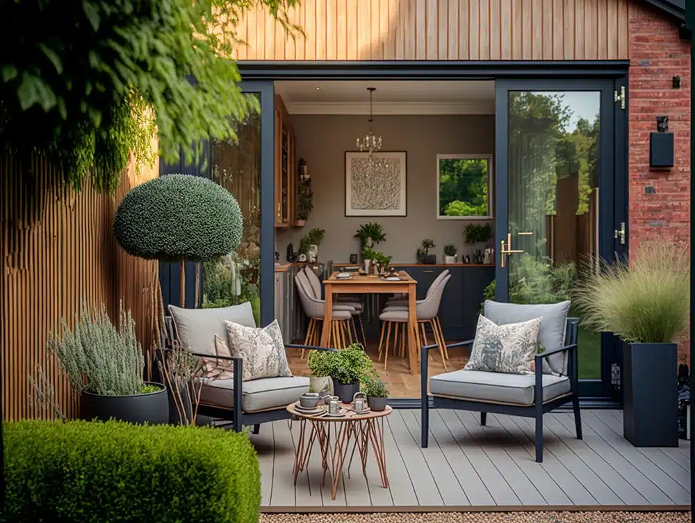 Contemporary back garden with bi-folding doors, composite decking, topiary planting, and beautiful grey contemporary garden furniture 