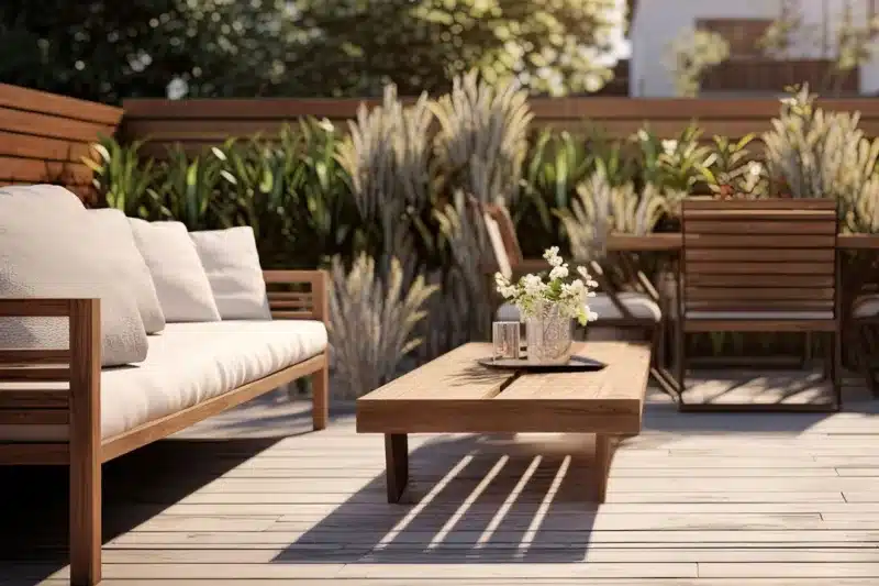 Small cosy garden with very comfortable seating, and a low wooden coffee table. the garden is made up with a decking area and soft long specimen grasses in the background